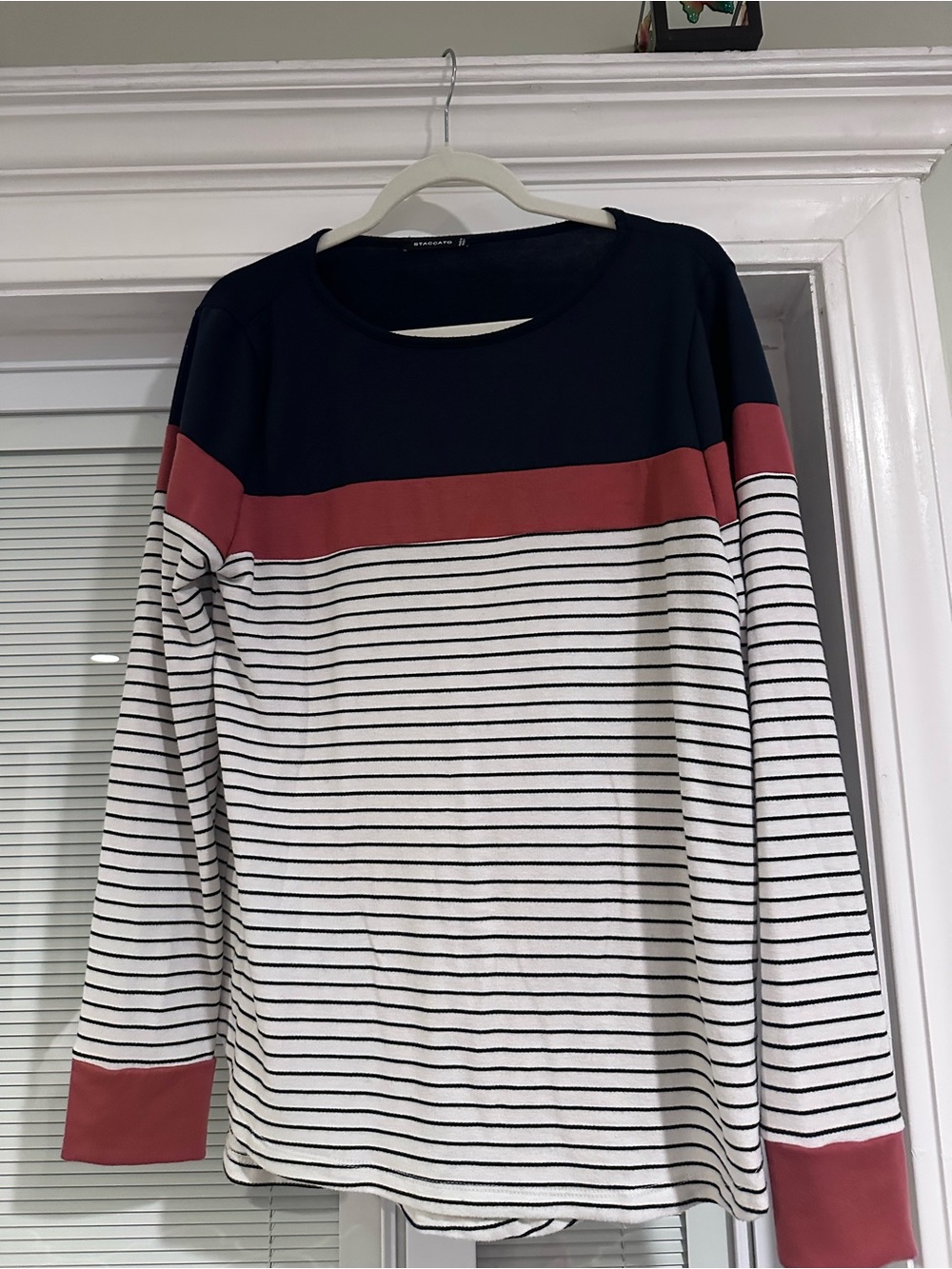 Striped Long-Sleeve Top with Navy and Rusty rose Accents